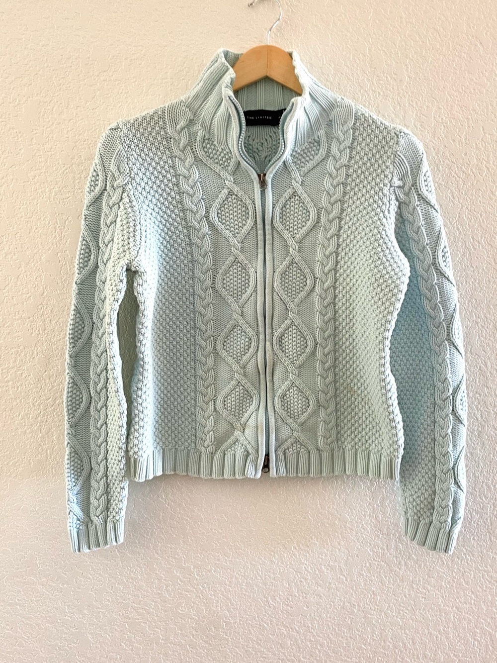 The Limited Pale Blue Cotton Cable-Knit Zip Cardigan Heritage Fisherman Preppy